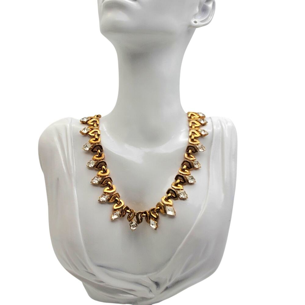 Trifari Rhinestone Queen Diamonds Choker Drop Necklace Gold Tone Philippe 1950s